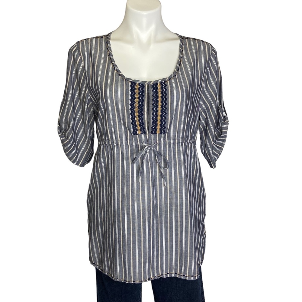 EDDIE BAUER Top Embroidered Short Sleeve Tie Waist Striped Cotton Womens Small